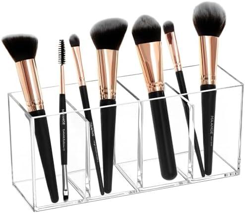HBlife Clear Makeup Brush Holder Organizer, Acrylic Cosmetic Brushes Storage with 4 Slots, Eyeliners Display Case for Vanity