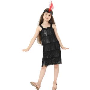 Leadtex Girl's 20s Flapper Dresses Costume Dress Childrens Party Fringed Dresses with Feather Headband, Size Small( 4-6) - Black