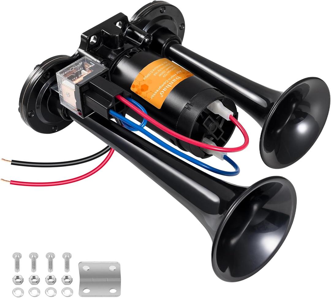 Electric Air Horn for Truck 150dB Super Loud Black Horns Dual Trumpet with Compressor for Any 12V Vehicles Trucks Motorcycle Pickup Trains Cars Boats (Black integrated Air Horn)