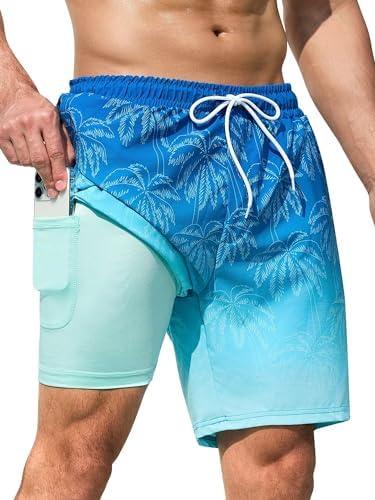 SILKWORLD Mens Swim Trunks Quick Dry Swimming Shorts with Compression Liner and Zipper Pockets, Size: L
