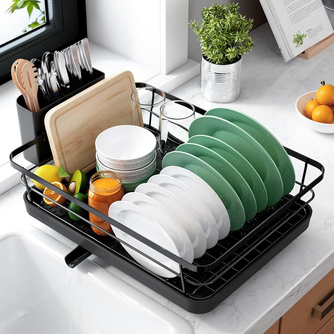 Kitsure Dish Drying Rack for Kitchen Counter, Stainless Steel Sink Organization and Storage Essentials with Cutlery Holder, Home and Apartment Decor, 12''W x 15.5''L, Black