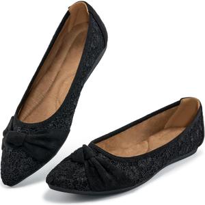 Ablanczoom Dress Shoes for Womens Flats: Dressy Comfortable Pointed Toe Bow Lace Mesh Ballet Flat Wedding Bridal Shoe for Women (7, Black)
