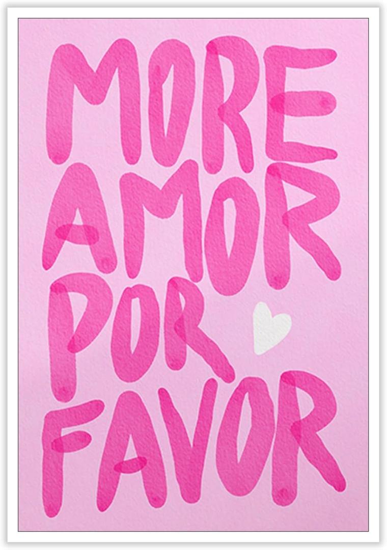 Preppy Positive Posters Pink More Amor Por Favor Wall Art Coquette Room Decor Trendy Love Quotes Canvas Prints Y2k Girly Painting for Teen Girls Apartment Bedroom Bar Cart Aesthetic 16x24in Unframed
