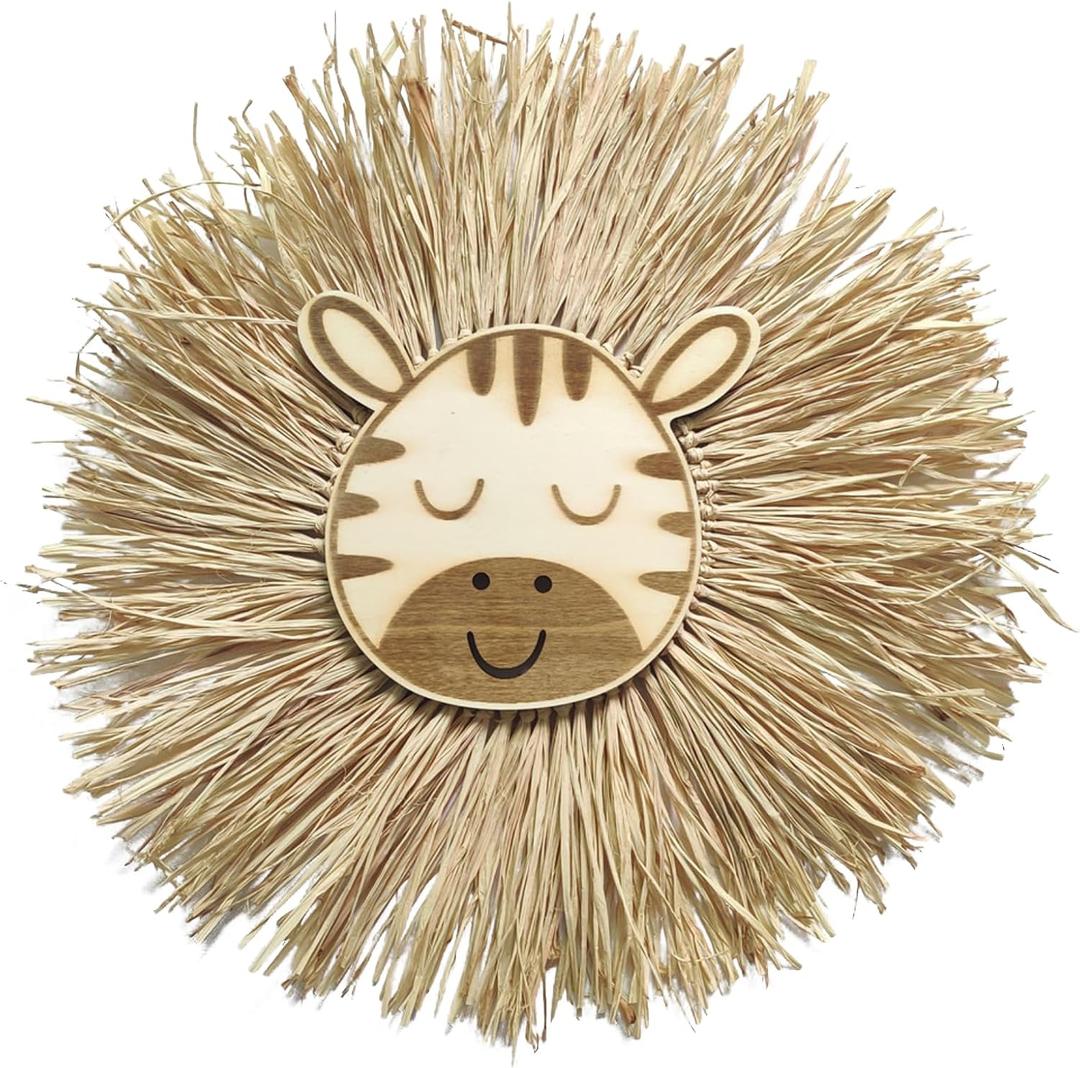 Lmbabter Boho Raffia Wall Decor Woven Straw Grass Round Wall Art with Animal Wall Hanging Flat Basket for Home Decor (Giraffe)