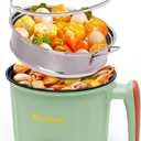 Hot Pot Electric with Steamer, Rapid Noodles Cooker,Non-Stick Electric Pot for Raman, Soup, Noodles, Steak, Oatmeal, Rapid, with Temperature control, (Rotary switch), 1.8L,Green