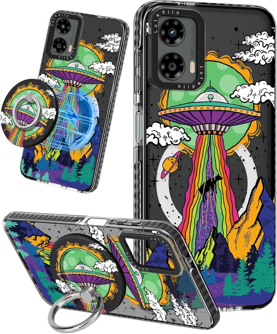 Lotadilo Cute Case for Moto G 5G 2024 for Women Girls - Funny Alien Design Compatible with Magsafe Ring Holder Magnetic Stand Kickstand Fashion TPU Phone Covers Kawaii