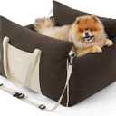 Lesure Small Dog Car Seat for Small Dogs - Soft Dog Booster Seat for Car with Storage Pocket and Clip-On Safety Leash and Thickened Memory Foam Filling, Pet Travel Carrier Bed Brown