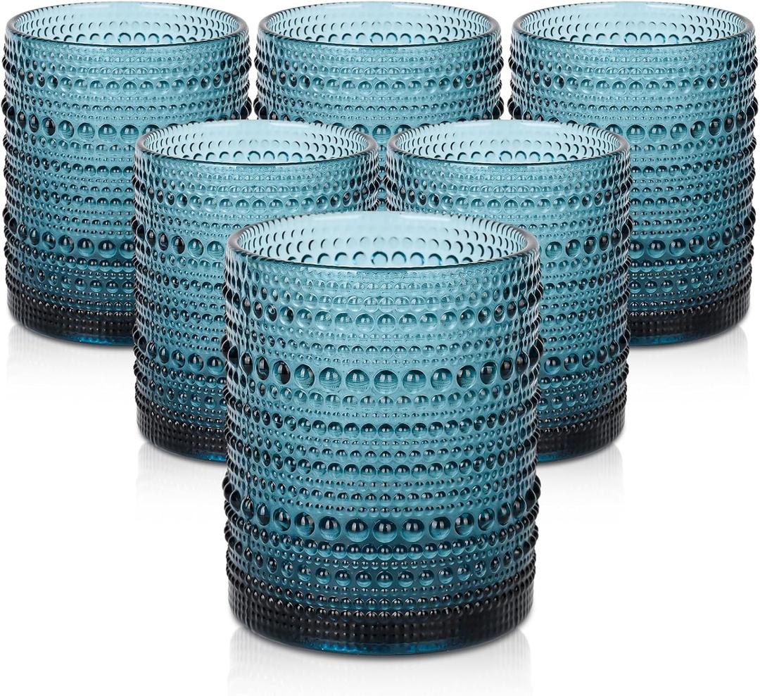 ZMOWIPDL Vintage Glassware Drinking Glasses Set of 6, 12 oz Hobnail Glass Cups, Embossed Blue Water Tumbler, for Beer, Cocktail, Whiskey, Juice and Various Mixed Drinks- 1 Cleaning Brush