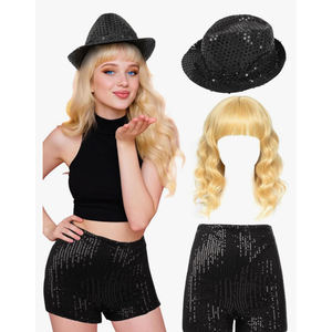 3 Pcs Halloween Singer Costume Wavy Blonde Wig Sequins Fedora Hat Shorts for Party Cosplay Music Festival Concert Size S