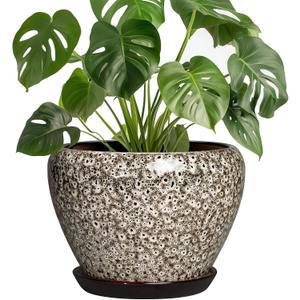 Ceramic Plant Pots, 8 Inch Planters Indoor, White Leopard | Decorative Pots for Plants with Drainage Hole and Saucer, Modern Flower Pot for Indoor Plants, Room Decor, Plant Lover Gifts