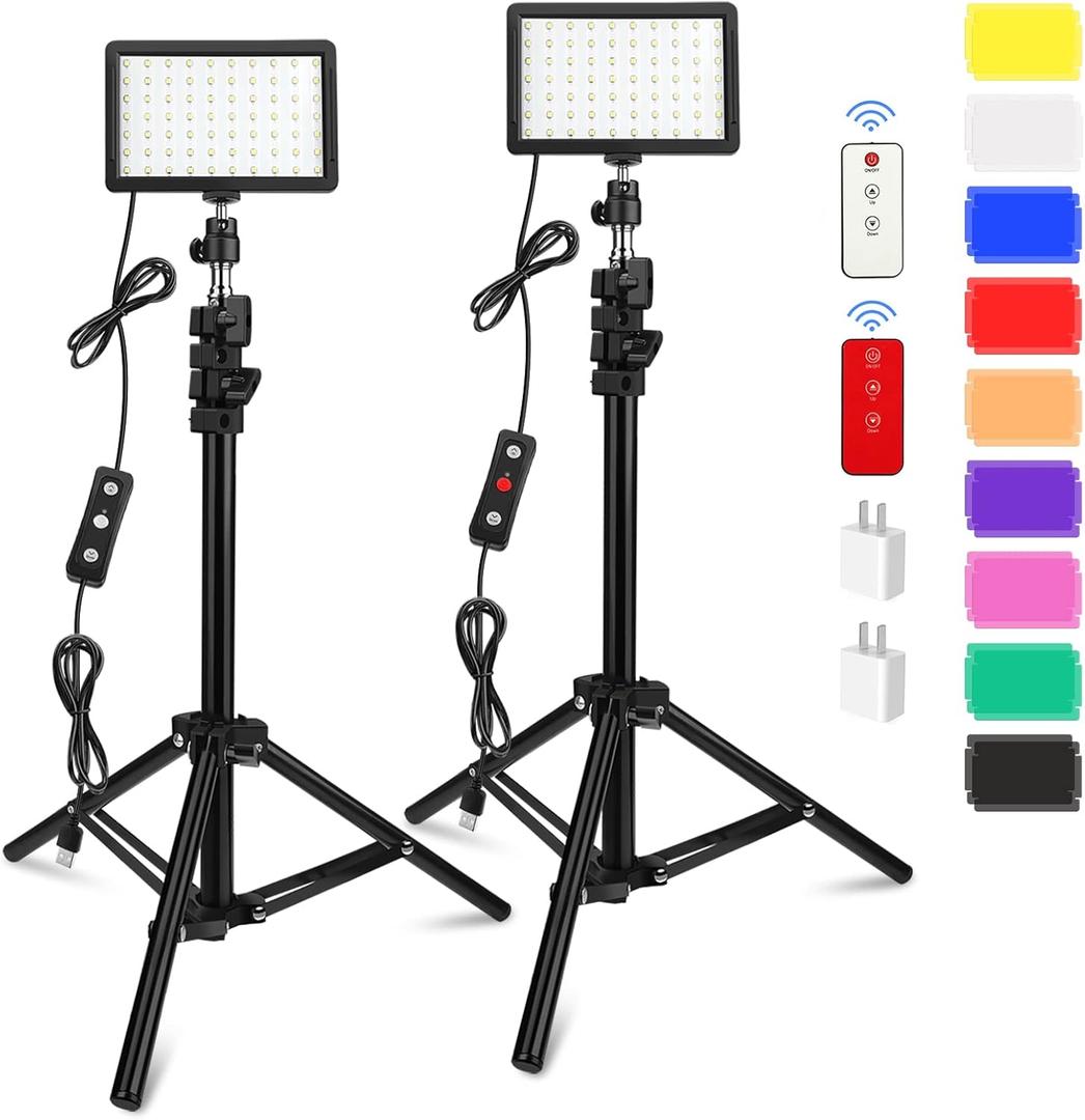 2 Pack 70 LED Video Light with Tripod Stand/Color Filters/Remote Control/USB Wall Charger, Obeamiu 5600K USB Studio Shooting Kit for Photography Lighting, Game Streaming, Conference Zoom Calls