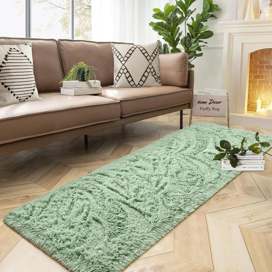 DweIke Fluffy Runner Rugs for Bedroom Living Room, Ultra Soft Shaggy Plush 2x6 Feet Area Rug, Shag Furry Bedside Carpet Non Shedding for Nursery Children Kids Girls Room Decor, Sage Green