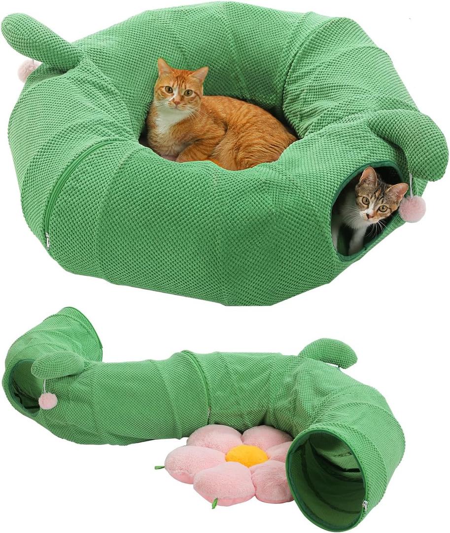 PAWZ Road Cat Tunnel, Cactus Cat Donut Tunnel Collapsible Cat Tunnel Tube, Dia-38 inches with Flower Soft Mat for Indoor Cats and Rabbits (Green)
