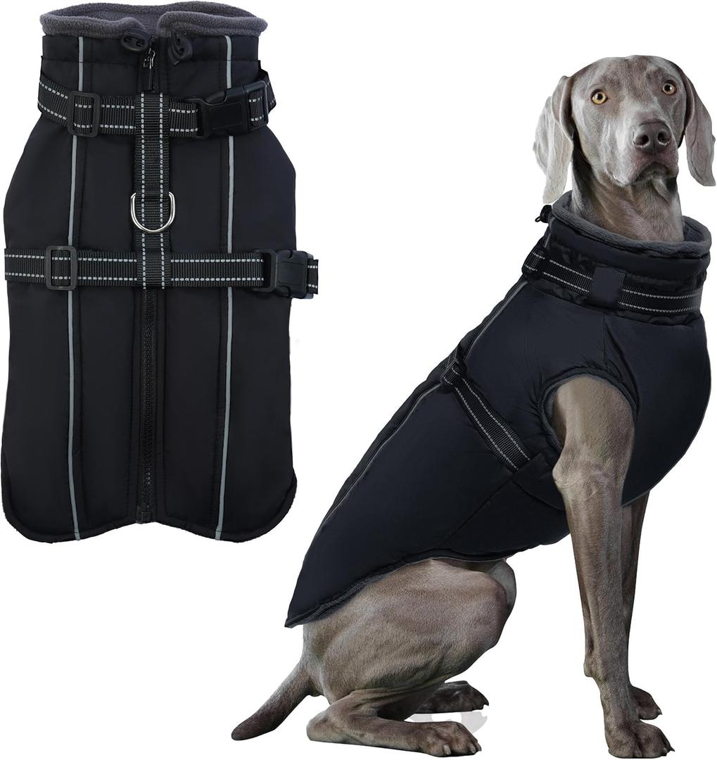 PUMYPOREITY Dog Coats for Large Dogs, Warm Winter Jacket with Built-in Harness, Reflective, Waterproof, Fleece Lined, Labrador, Black, XL (X-Large)