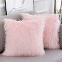 WLNUI Set of 2 Easter Spring Pink Fluffy Pillow Covers New Luxury Series Merino Style Blush Faux Fur Throw Pillow Covers Square Fuzzy Cushion Case 18x18 Inch for Couch Sofa Home Decorations