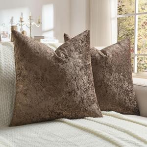 FUTEI Pack of 2 Solid Flannel Throw Pillow Covers 18x18 Inch Soft Crushed Textured Neutral Decorative Cushion Cases Vintage Farmhouse Accent for Couch Living Room, Dark Coffee