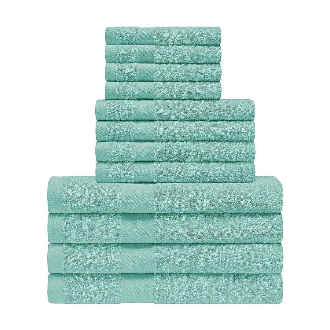 SUPERIOR Kendell 12 Piece Egyptian Cotton Towel Set, Highly-Absorbent, Plush Luxury Towels, Dobby Border, Solid, Face Towels, 13 x 13, Hand Towels, 16 x 28, Bath Towels, 27 x 54, Sea Foam