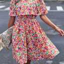 Off Shoulder Boho Floral Swing Mini Dress Summer Strapless Pleated Short Dress (M)