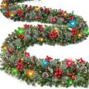 [ Timer & 8 Modes ] TURNMEON 9 Ft Christmas Garland with 50 Colorful Lights Thicker 270 Branchs Tips 10 Pinecones 70 Red Berries Lighted Garland Christmas Decorations Mantel