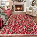 Lahome Christmas Rugs for Living Room, 5x7 Print Reindeer Rugs for Bedroom Aesthetic Large Washable Carpet, Soft Christmas Tree Non Slip Stain Resistance Dining Room Carpet for Under Table, Red 
