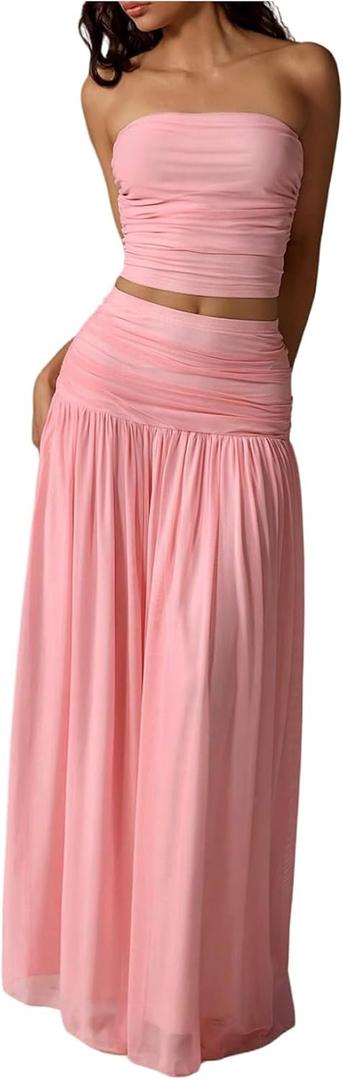 Milumia Women's 2 Piece Outfit Ruched Bandeau Crop Top and Pleated Mesh Long Skirt Set L