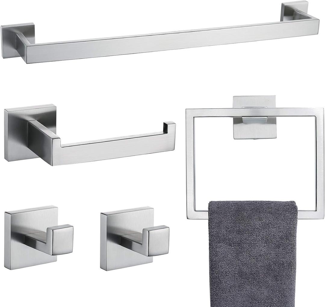 Bathroom Towel Bar Set 5 Pieces Brushed Nickel Square Modern Bathroom Hardware Set,Stainless Steel Wall Mounted 23.6-Inch