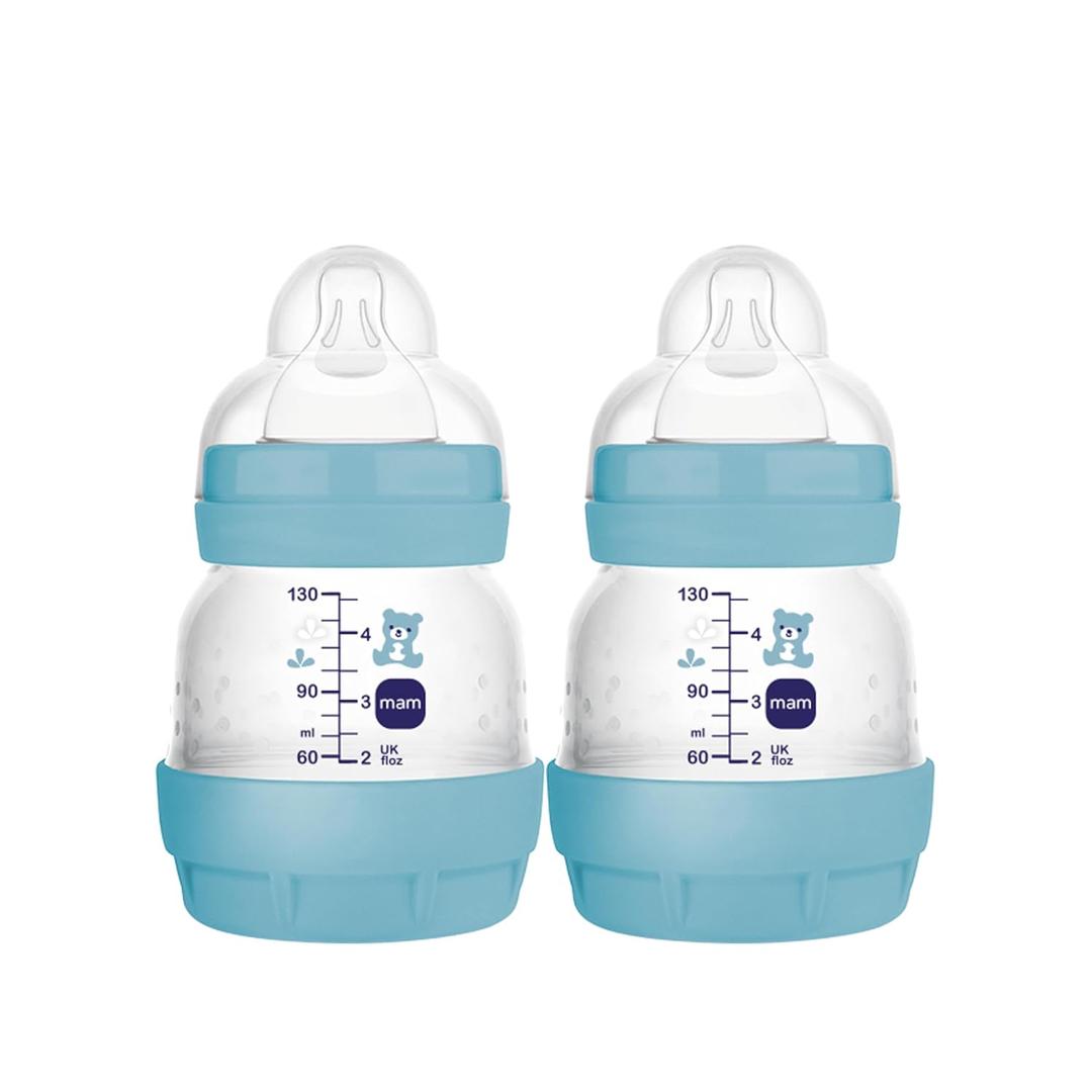MAM Easy Start Anti-Colic Baby Bottles, Extra Slow Flow, Breastfeeding-Like Silicone Nipple Bottle, Reduces Colic, Gas, & Reflux, Easy-to-Clean, BPA-Free, Vented Baby Bottles for Newborns, 0-3 Months (2 Count (Pack of 1), Denim)