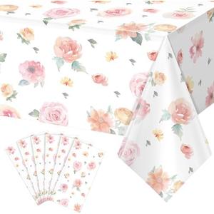 6 Pcs Spring Floral Tablecloth, Pink Wildflower Plastic Disposable Tablecloth Rectangle Table Covers for Easter, Birthday, Wedding,Baby Shower Tea Party and Mothers Day Decorations,54 x 108 Inch