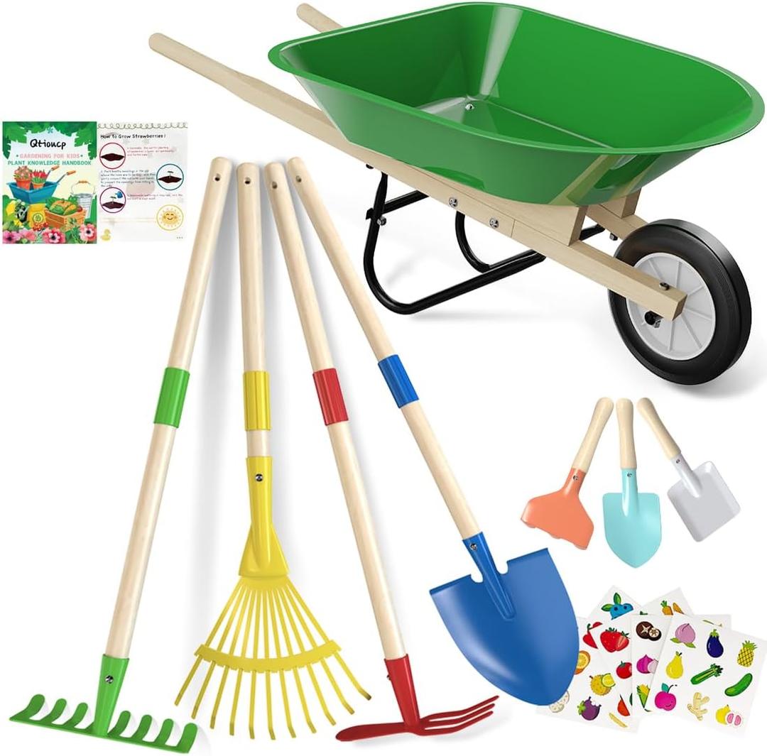Qtioucp Kids Wheelbarrow Set with Gardening Tools Outdoor Backyard Garden Play for Toddlers Boys Girls 3-8, with Shovel, Rake, Leaf Rake, Easter Birthday Gifts (Green Garden Set)