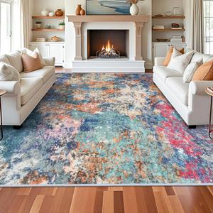 Washable 12x15 Area Rug Abstract - Large Soft Rugs for Living Room Modern Colorful Indoor Mat Non Slip Low Pile Carpet for Bedroom Stain Resistant Thin Floor Mats for Dining Room 12x15 Colorful/Multi