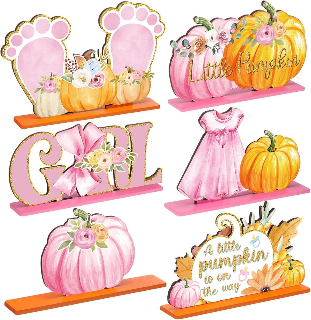 6 Pcs Thanksgiving Fall Little Pumpkin Baby Shower Decoration for Girl Wooden Thanksgiving Baby Shower Table Centerpieces a Little Pumpkin Is on The Way Table Decor Maple Tabletop for Party Supplies