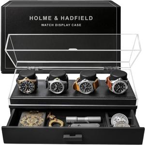 Holme & Hadfield Premium 4-Slot Wooden Watch Display Case  Handcrafted Mens Watch Box with Accessory Drawer, Hinged Cover, Leather Lining  Birthday Gift for Collectors  Luxury Built to Last (Black)
