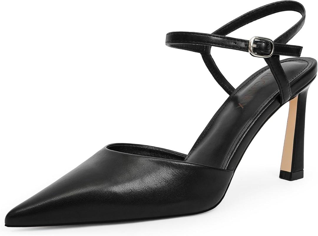 Womens Closed Toe Heels Pointed Toe Stiletto Pumps with Ankle Strap Slingback Dressy Shoes for Wedding Party Prom (9, Black)