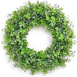 Betylifoy Boxwood Wreath for Front Door 20" Artificial Eucalyptus Leaves Wreaths Fake Greenery Outdoor Wreath Summer Door Wreaths for Porch Window Wall Farmhouse Hanging Decor