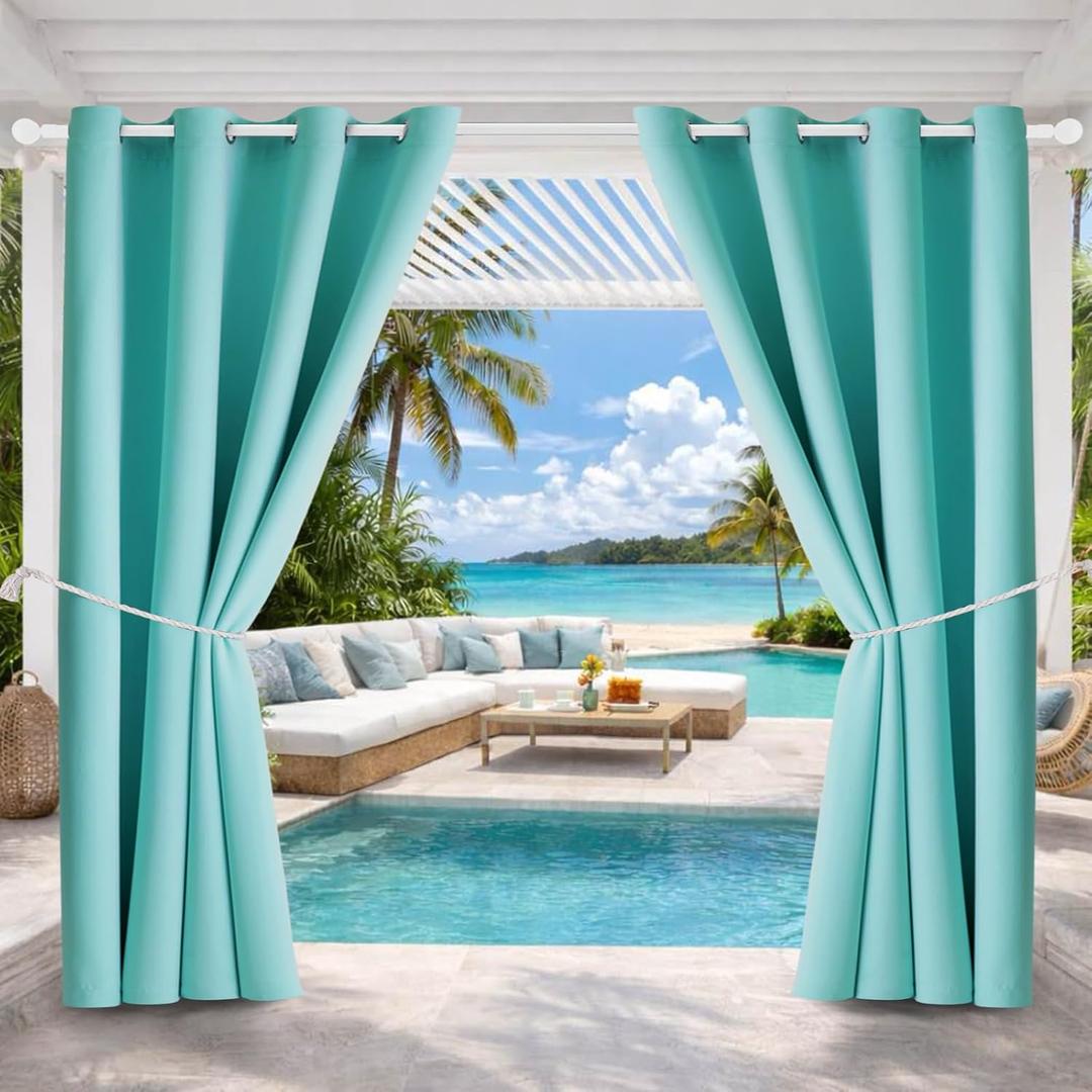 Waterproof Outdoor Curtain W52 x L84 - Grommet Top Sunlight Blocking Window Treatment Drapes Blackout Curtains for Home Bedroom Living Room Outdoor Patio Porch Pergola (Teal Blue, 2 Panels)