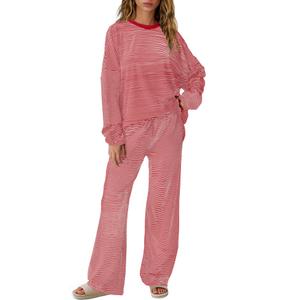 SENSERISE Womens Striped Lounge Set 2 Piece Outfits Striped Matching Pajama Sets Oversized Shirt Wide Leg Pants M