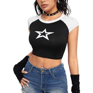Verdusa Women's Y2k Clothes Crop Top Star Print Colorblock Short SleeveT Shirts Tee, M