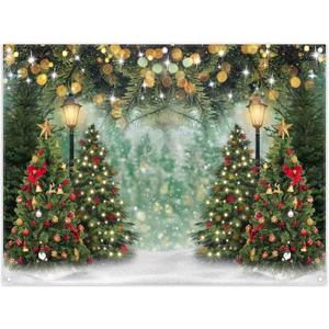 ZTHMOE 7x5ft Polyester Winter Christmas Tree Photography Backdrop Pine Tree Wonderland Background Xmas Santa Glitter Party Decorations Photo Banner Props with Four Holes Easy to Hang