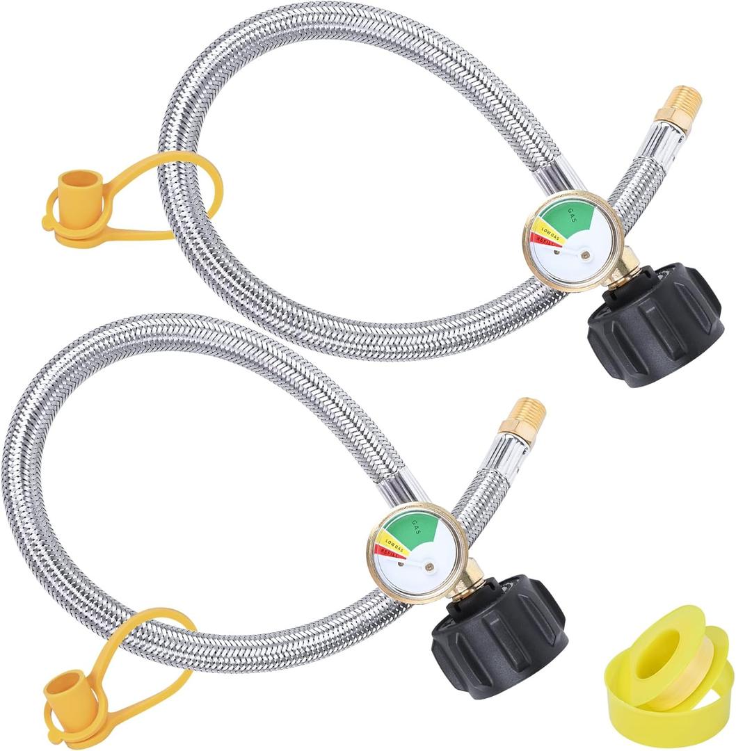 15 in RV Propane Hoses with Gauge, Stainless Steel Braided Camper Tank Hose,Propane Pigtail Hose Line for Camper Standard Dual Stage Regulator,1/4-Inch Male,40Lb 250PSI,NPT x QCC1 Fittings.