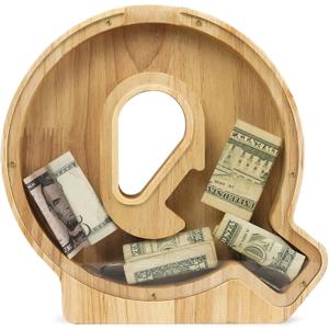 WOOD CITY Letter Piggy Bank for Adults Boys Girls Kids, Wooden 9 inch Large Personalized Bills and Coins Bank Money Box, Customized Name DIY Creative Gift for Real-Money, Alphabet Decorations (Q)