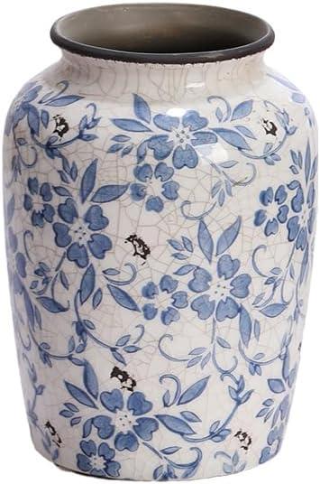 Denique Vintage Blue and White Porcelain Vase Ceramic Vase for Home Decor, Retro Crack Blue Flower Vase Pottery Vase Chinoiserie Decor (5.9x7.8inch)