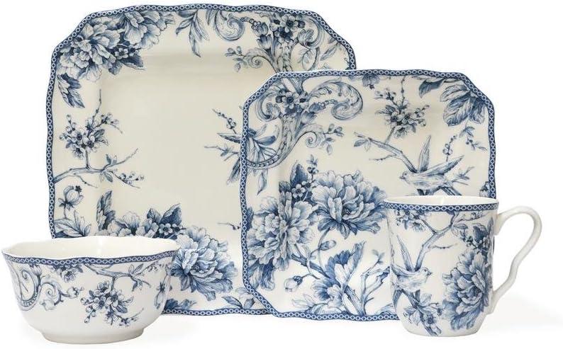 222 Fifth Adelaide 16-Piece Square Floral Dinnerware Set  Service for 4, Blue & White Porcelain Plates & Bowls, for Everyday Dining & Entertainment, Microwave & Dishwasher Safe, Chip Resistant
