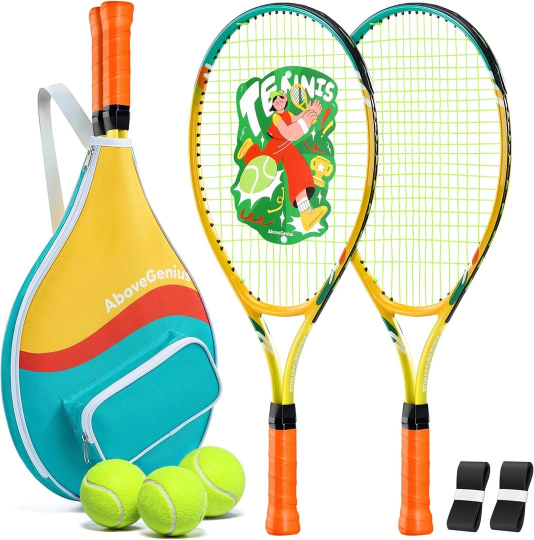 AboveGenius Kids Tennis Racket Set, 23 inch Tennis Racket for Toddler Youth Starter Kit, 3 Balls, 2 Lightweight Racquets with Easy Carrying Shoulder Strap Bag