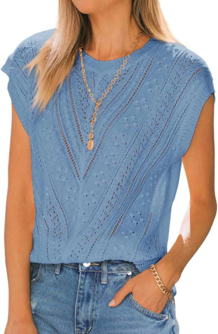 Langwyqu Womens Cap Sleeve Tops Summer Crew Neck Shirt Lightweight Crochet Knit Sweater (Blue)
