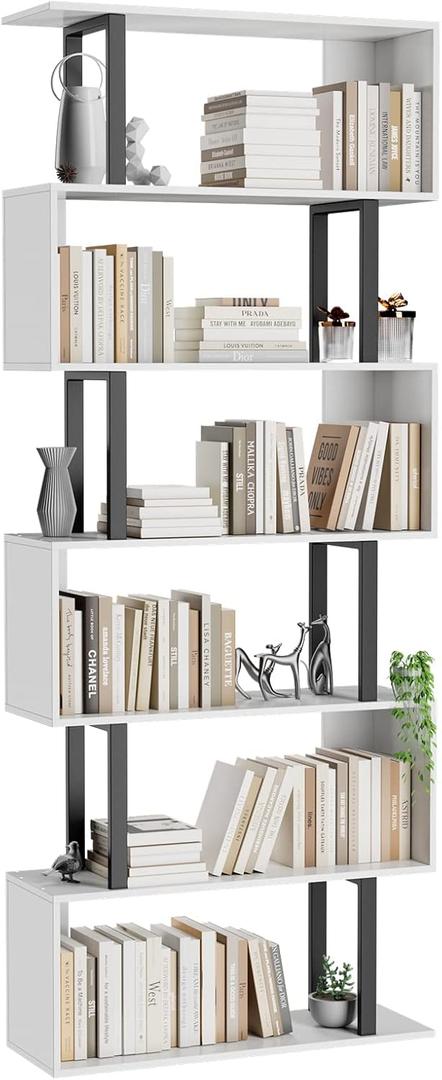 Gadroad 6 Tier Geometric Bookcase,S Shaped Bookshelf, Wood Decorative Storage Shelving, Modern Freestanding Display Shelves, Tall Book Shelf Unit for Living Room Bedroom, White, 27.56"W x 74.2"H