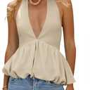 Tankaneo Womens Deep V Neck Halter Tank Tops Summer Trendy Casual Bubble Hem Tie Back Sleeveless Shirts Apricot (Beige, M)