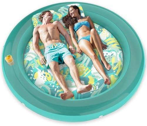 Sunikko X Tanning Pool Floats Adult, 71" x 71" Large Luxury Inflatable Float Floating Lounge with Pillow, Circle 4 in 1 Suntan Tub Sunbathing Bed with Drink Holder, Beach, Lake, Swimming Pool, Party