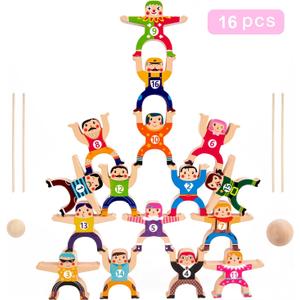 moopok Wooden Stacking Toys,16Pcs Circus Hercules Acrobatic Troupe Interlock Toy,Balancing Building Blocks Game Toddler Puzzle Toys,for 3 4 5 6 Years Old Kids Adults
