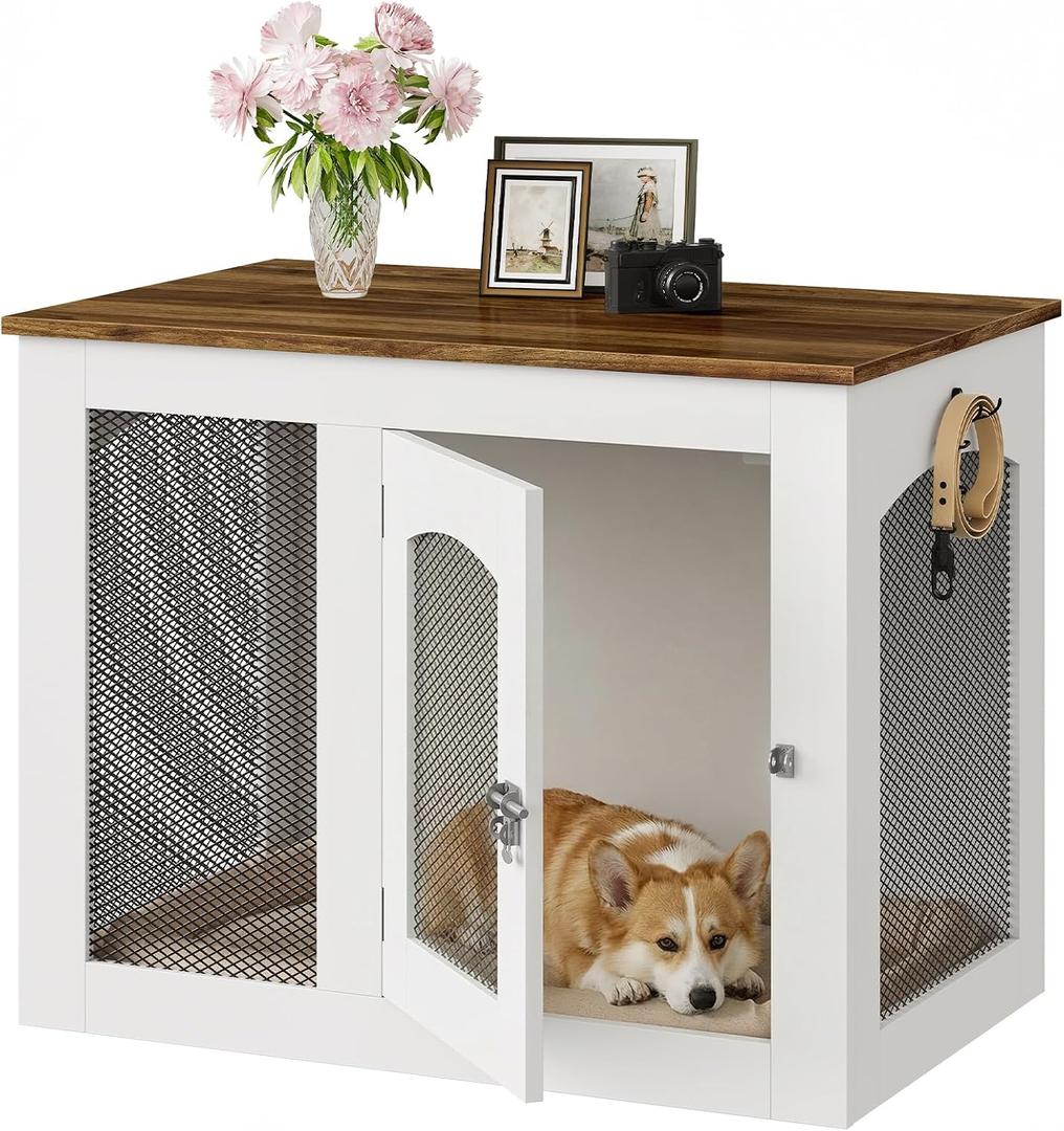 CHOEZON Wooden 30.1" Dog Crate Furniture, Farmhouse Pet Cage End Table with Secure Lock, Ventilated Mesh for Medium Dogs, Dog Kennel Furniture for Living Room, Bedroom, White and Walnut MGW02WL