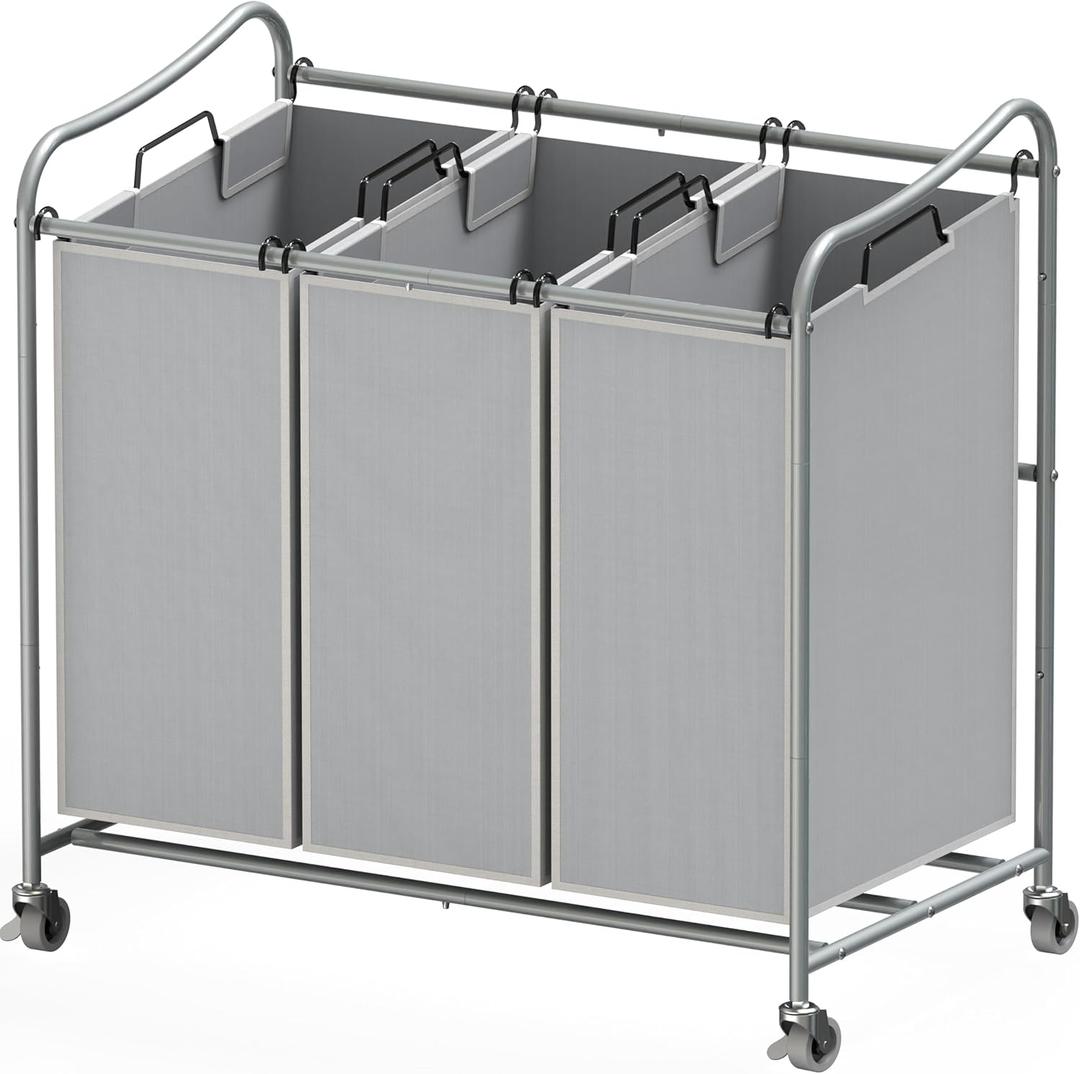 Simple Houseware Heavy-Duty 3-Bag Laundry Sorter Cart, Silver